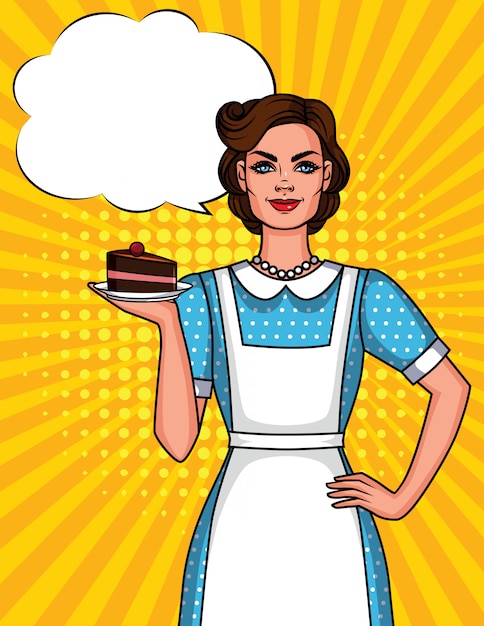 ilustração de uma mulher bonita no avental com prato de bolo