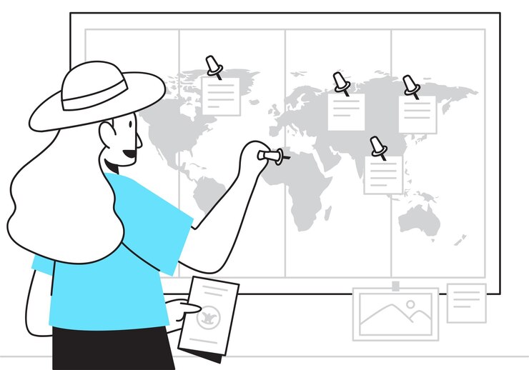 Vetor ilustração de uma mulher com um chapéu segurando um caderno e um mapa