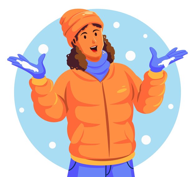 Vetor ilustração de uma mulher com uma jaqueta quente segurando um floco de neve