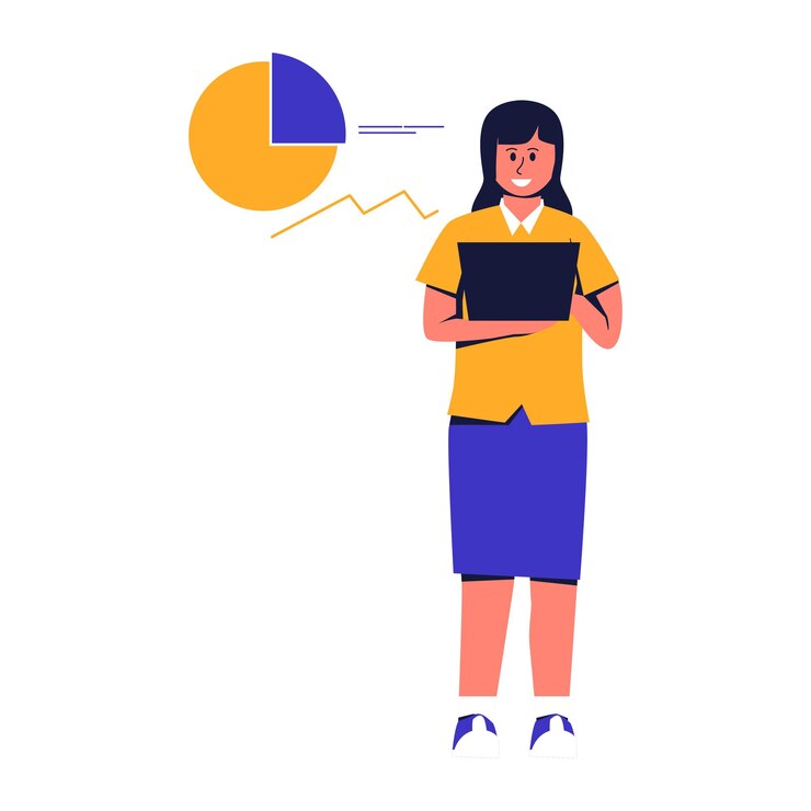 Vetor ilustração de uma mulher de negócios analisando dados com um laptop