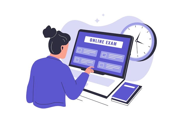 Ilustração de uma mulher fazendo um exame on-line em um laptop