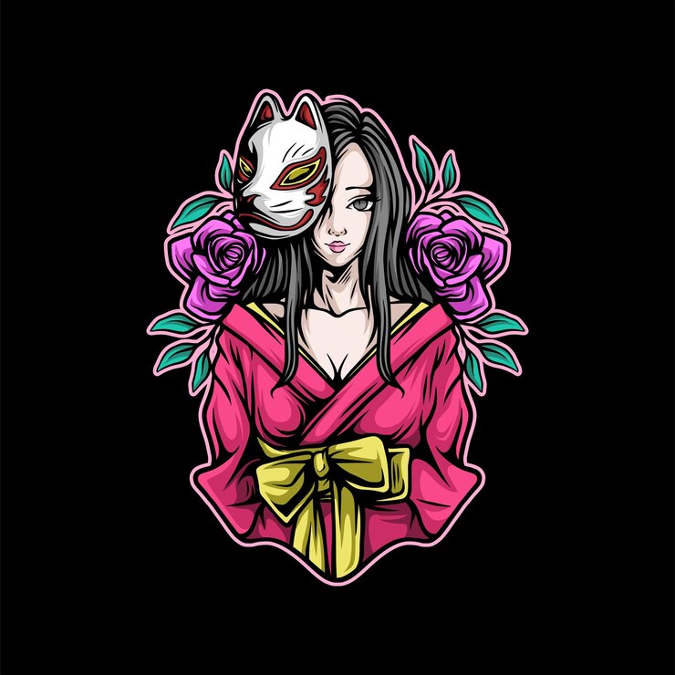 Vetor ilustração de uma mulher japonesa usando uma máscara de raposa