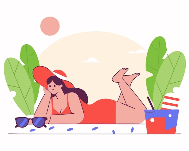 Ilustração de uma mulher relaxando na praia
