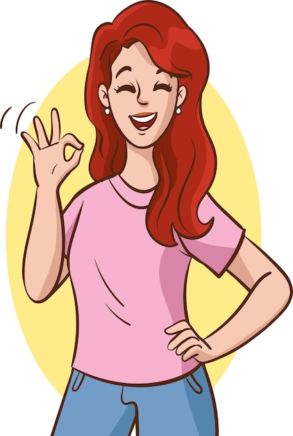 Vetor ilustração de uma mulher ruiva sorridente mostrando o sinal ok