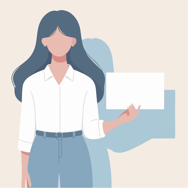 Ilustração de uma mulher segurando um papel em branco em um estilo de design plano