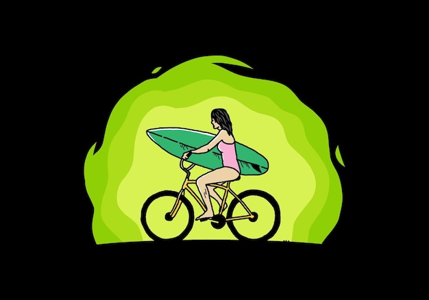 Ilustração de uma mulher surfando de bicicleta