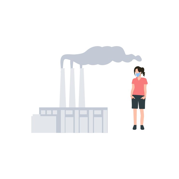 Vetor ilustração de uma mulher usando uma máscara e parada na frente de uma fábrica.