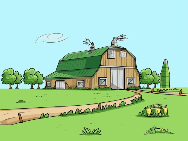 Ilustração de uma paisagem idílica de uma fazenda
