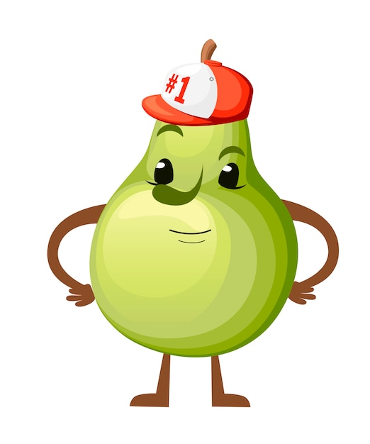 Ilustração de uma pêra. Mascote de fruta bonito. Pêra pulando com boné de beisebol número 1. ilustração em fundo branco. Página do site e aplicativo móvel.