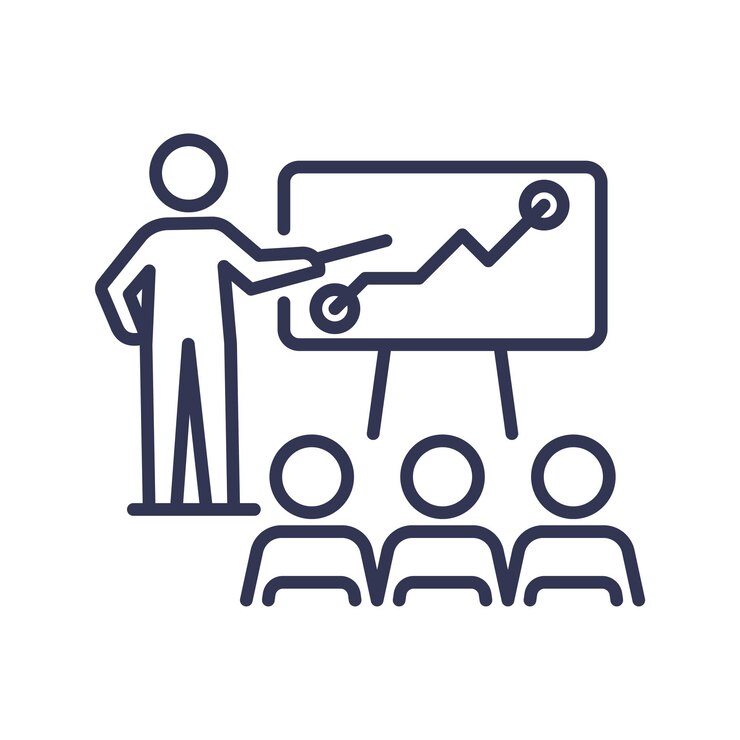 Vetor ilustração de uma pessoa fazendo uma apresentação a um grupo com um gráfico em um quadro