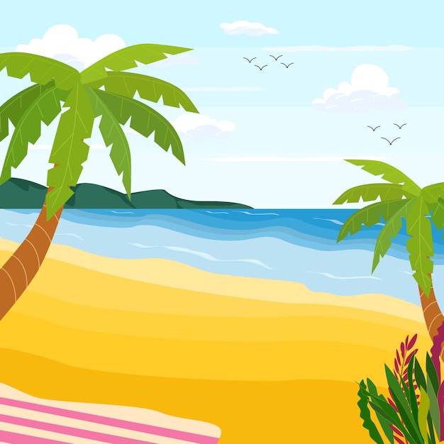 Ilustração de uma praia de verão com uma van ao fundo