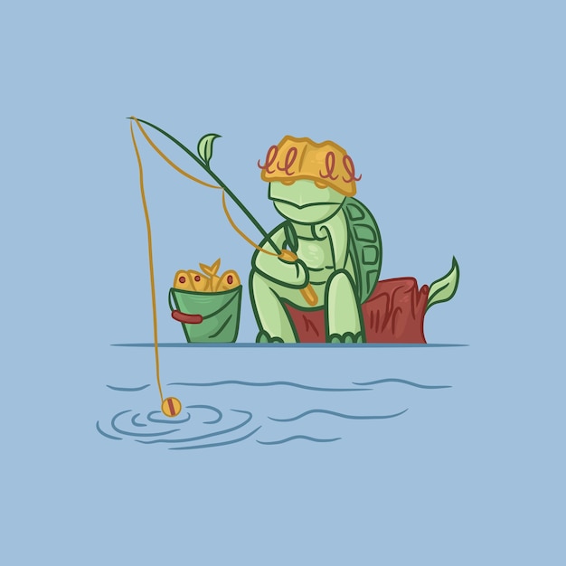 Ilustração de uma tartaruga bonitinha pescando com um balde cheio de peixes da pesca