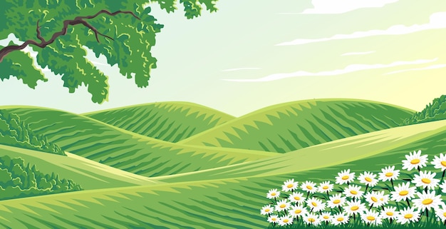 ilustração de uma vista de colinas agrícolas com belas flores e um céu claro