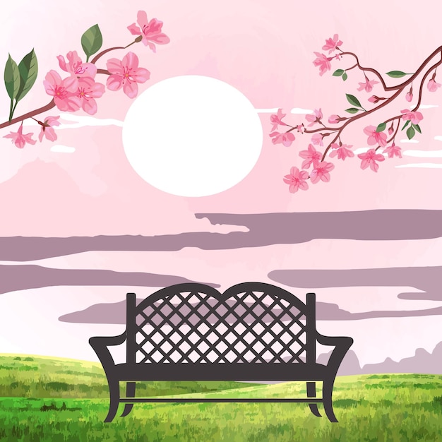 Vetor ilustração de uma vista do pôr-do-sol com flores de cerejeira e cadeiras de jardim