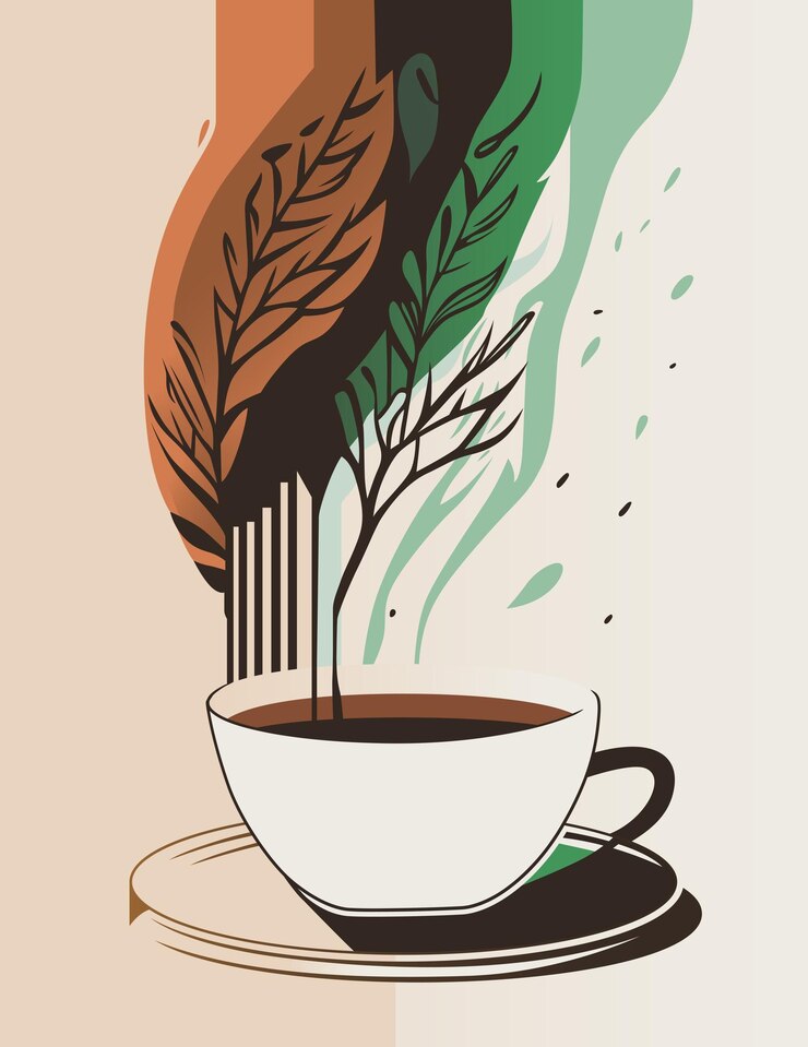 Vetor ilustração de uma xícara de café quente com vapor em forma de folha