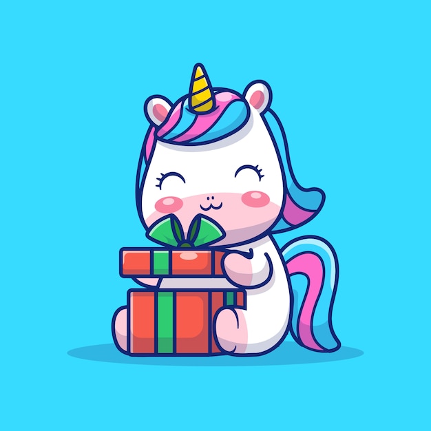 Ilustração de unicorn opening box bonito. personagem de desenho animado de mascote de unicórnio. conceito animal isolado