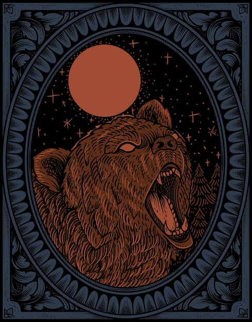 Ilustração de urso pardo vintage com estilo de gravura