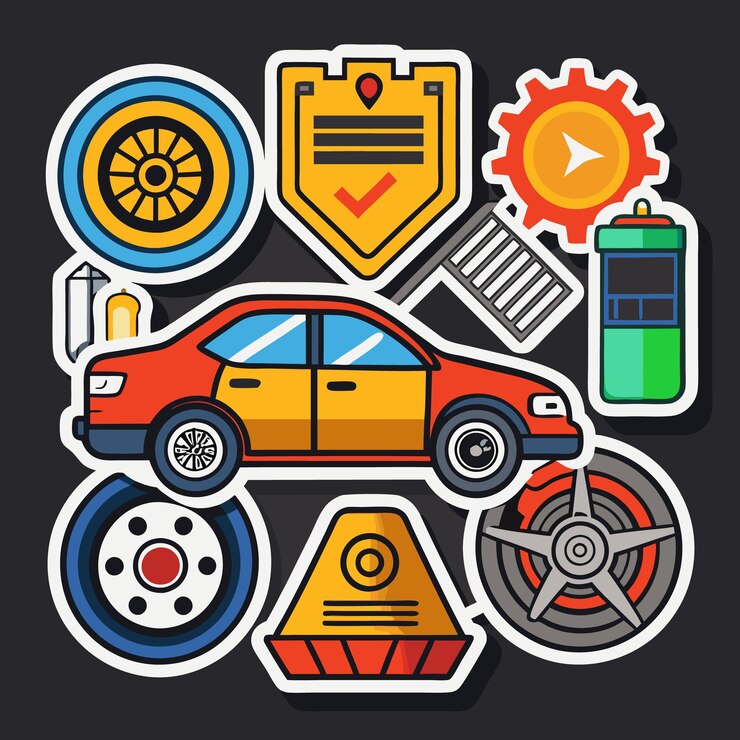 Vetor ilustração de várias peças de automóvel, incluindo freio e pneu do motor da roda do automóvel