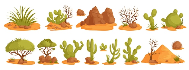 Ilustração de várias plantas de desenho animado do deserto e paisagens com rochas de cacto e dunas de areia em um estilo caprichoso