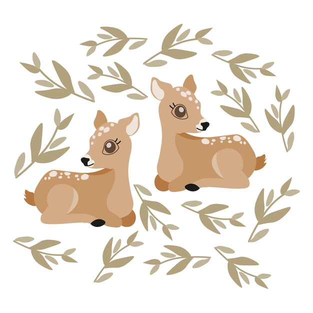 Ilustração de veados e galhos fofos de animais da floresta com folhas em um fundo branco