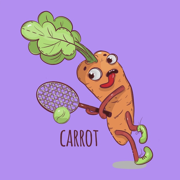 Ilustração de vegetal de desenho animado de esporte de tênis de cenoura