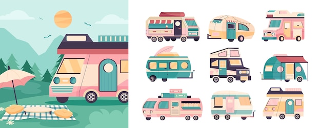 Ilustração de veículos de recreio e ícones em design plano