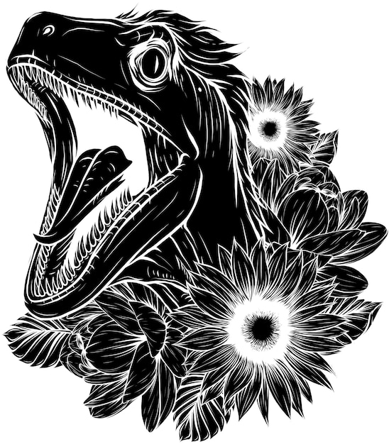 Ilustração de velociraptor dinosaur com flor