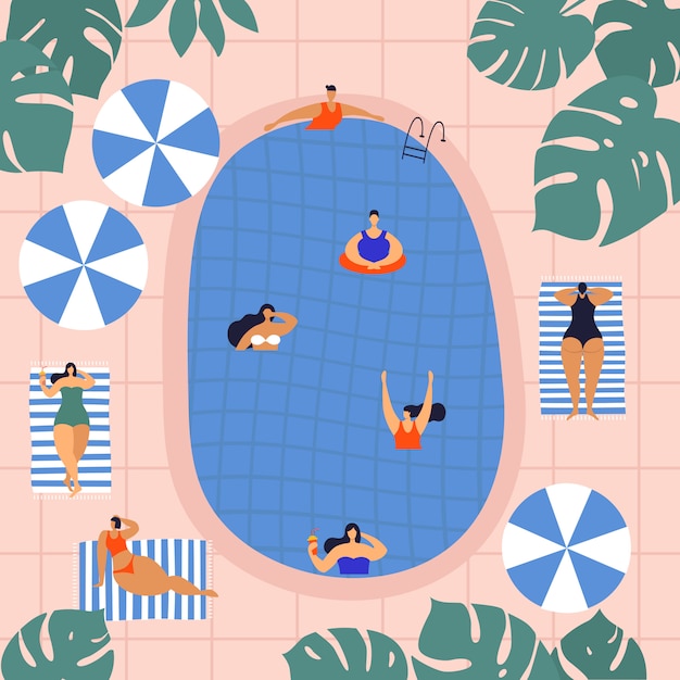 Vetor ilustração de verão com belas mulheres jovens tomando banho de sol perto da piscina.