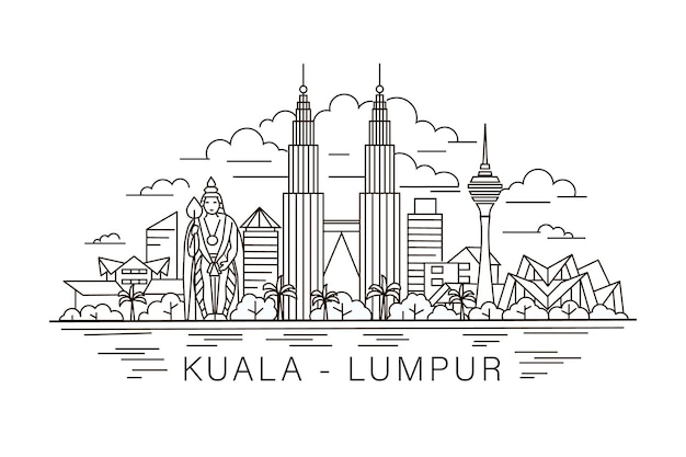 Ilustração de vetor de kuala lumpur. desenho plano de viagens de férias de kuala lumpur. ilustração de linha moderna de kuala lumpur. cartaz desenhado à mão, banner, cartão postal, modelo de cartão para agência de viagens, camiseta, s
