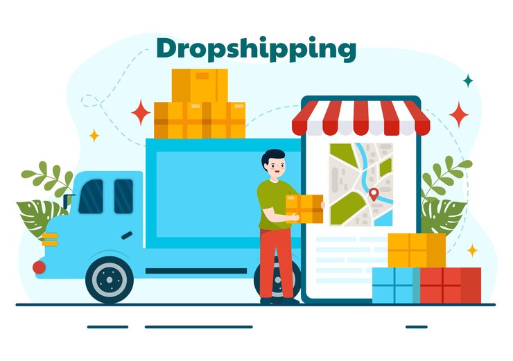 Vetor ilustração de vetor de negócios de dropshipping com businessman open ecommerce website store