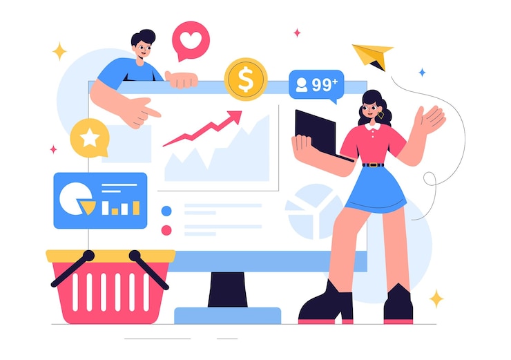 Vetor ilustração de vetor de observador de tendências com um especialista monitorando tendências empresariais emergentes e gerenciando projetos em um fundo de desenho animado de estilo plano