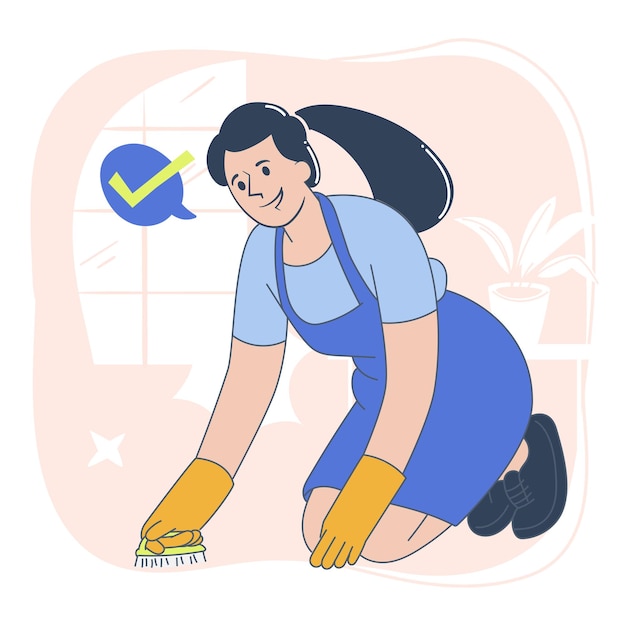 Ilustração de vetor plano de limpeza feminina em ação