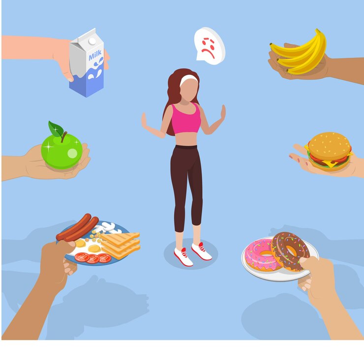 Vetor ilustração de vetor plano isométrico 3d de anorexia ou bulimia mulher rejeitando alimentos