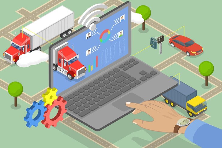 Vetor ilustração de vetor plano isométrico 3d de software de gestão de frota com maior eficiência operacional