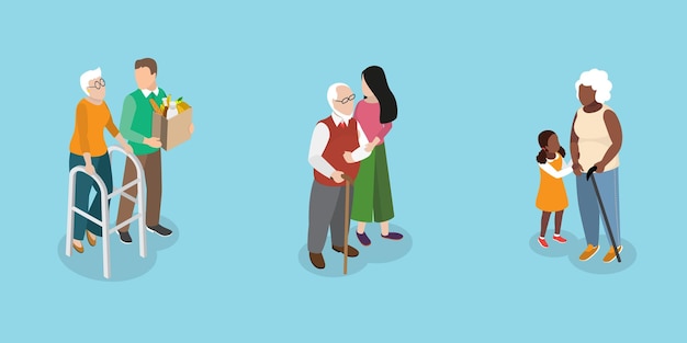 Ilustração de vetores planos isométricos 3D de pessoas idosas