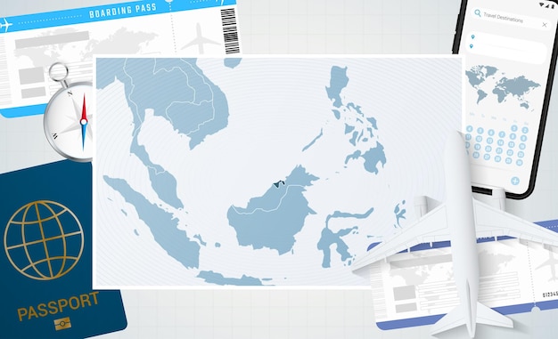 Ilustração de viagem para brunei com um mapa de brunei background com bússola de passaporte de telefone celular de avião e bilhetes