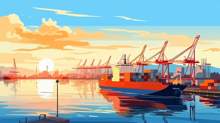 Vetor ilustração de vista matinal do porto cena pacífica do porto com barcos e nascer do sol