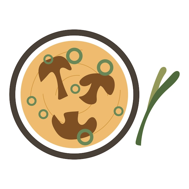 Vetor ilustração de vista superior da sopa de missô vegana com cogumelos e cebola verde em estilo simples