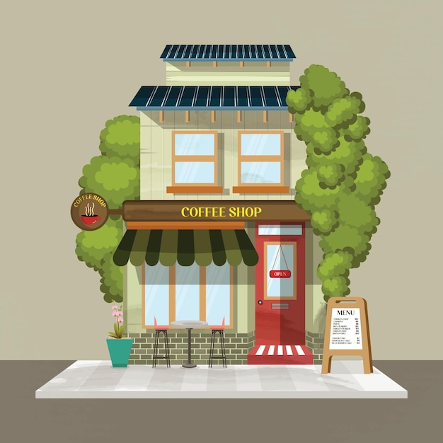 Ilustração de vitrines de cafés