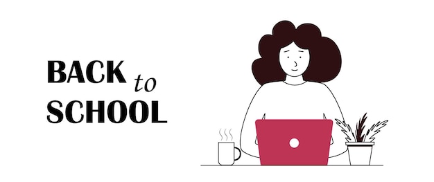 Ilustração de volta à escola uma menina estudando usando um laptop