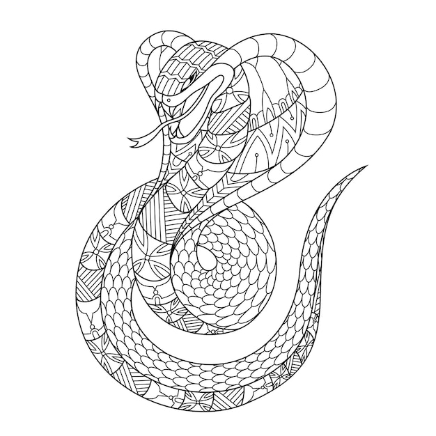 Ilustração de zentangle de mandala de cobra no livro de colorir estilo linear