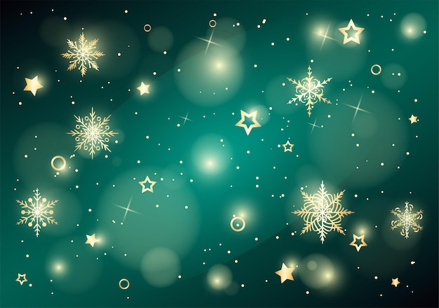 Ilustração decorativa de vetor de Natal com estrelas brilhantes de flocos de neve dourados em um fundo verde