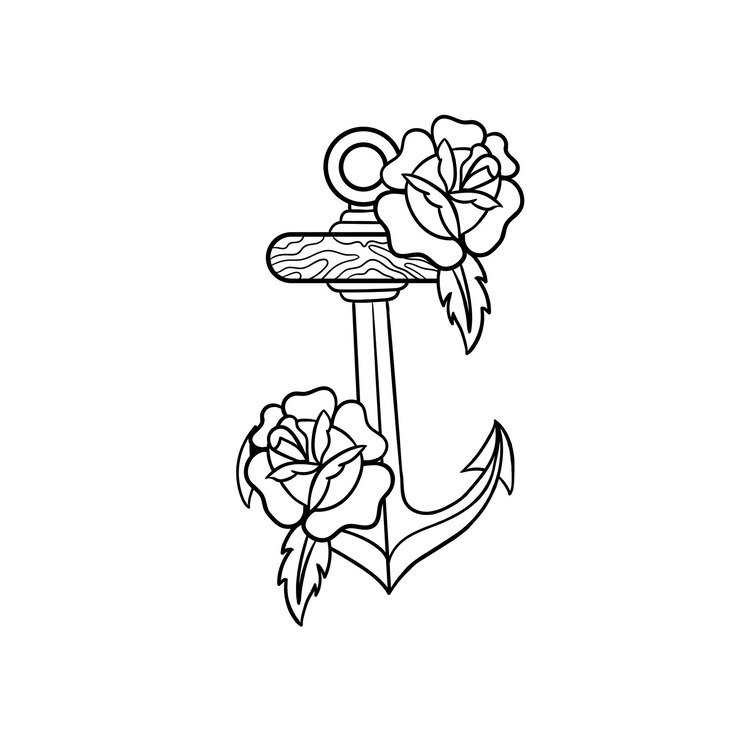 Vetor ilustração desenhada à mão de âncora e contorno de flor rosa