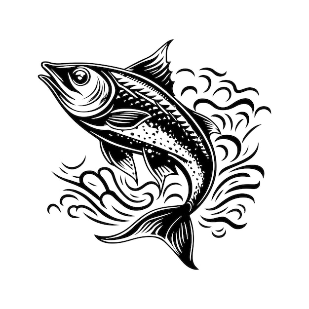 Ilustração desenhada à mão de arte de linha de peixe preto e branco