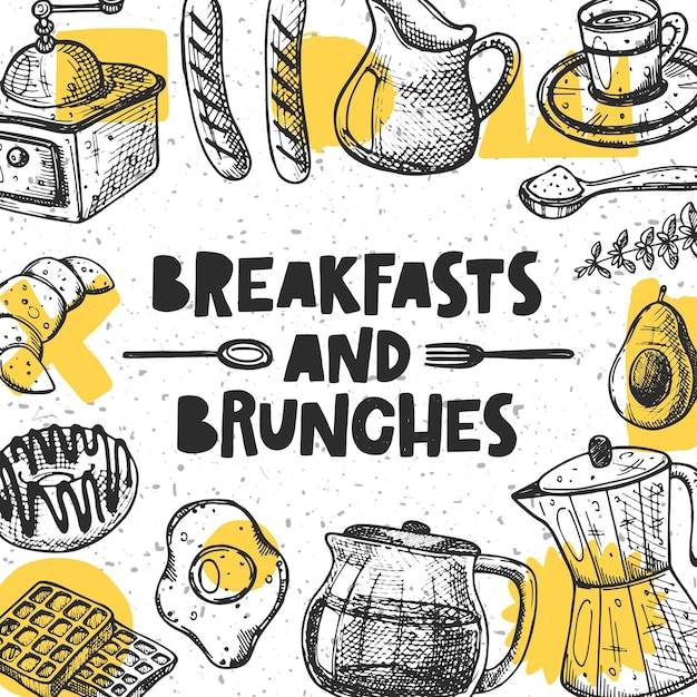 Vetor ilustração desenhada à mão de café da manhã e brunches com tipografia estilo grunge pan com vaffles