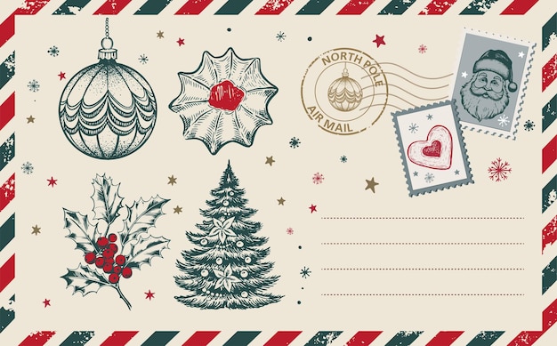 Vetor ilustração desenhada à mão de cartão postal de natal