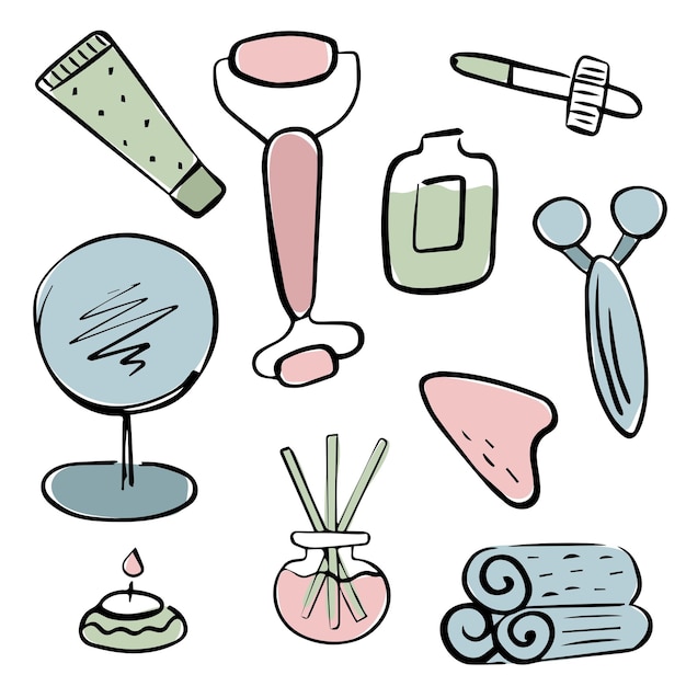 Ilustração desenhada à mão de cuidados com a pele e essenciais de spa com ferramentas de beleza rolos faciais óleos
