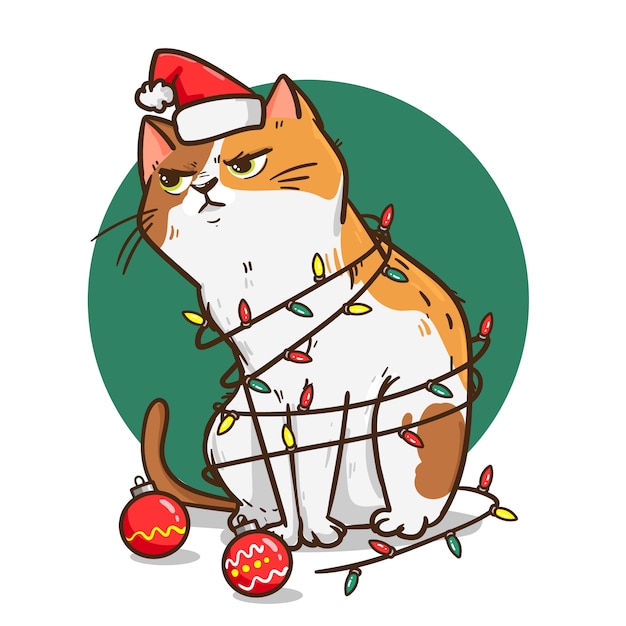 Vetor ilustração desenhada à mão de gato de desenho animado para celebração da temporada de natal