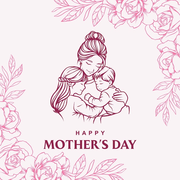 Ilustração desenhada à mão de mãe e filho para o dia das mães