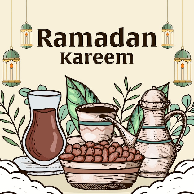 ilustração desenhada à mão de Ramadan Kareem com comida e bebida e lanterna